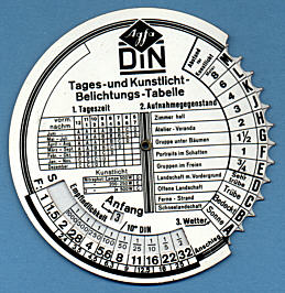 Agfa Tages- und Kunstlicht-Belichtungs-Tabelle: Vorderseite (gr&ouml;&szlig;eres Bild 91k)