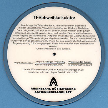 Rheinstahl H&uuml;ttenwerke T1-Schweisskalkulator: R&uuml;ckseite (gr&ouml;&szlig;eres Bild 101k)